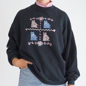 Vintage Black Embroidered Pink Cat Kittens Floral Sweatshirt Cottagecore  M